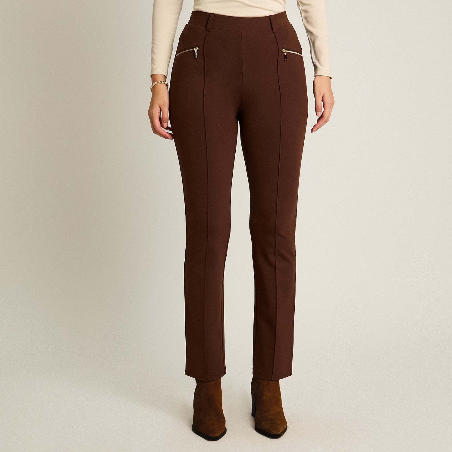 Calza Cafe Elasticidad Media Sin Forro Calce Normal Tela Punto